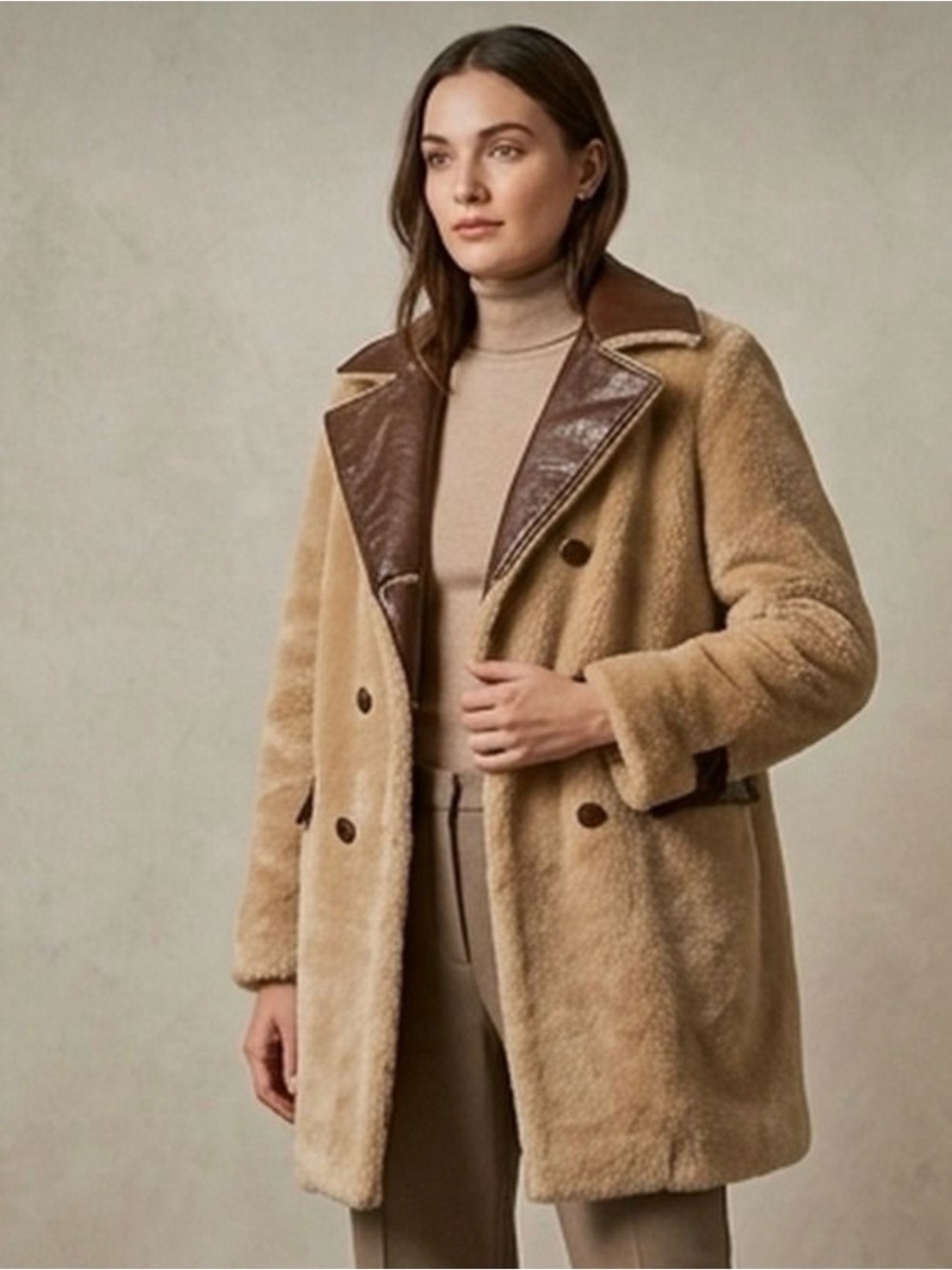 Original 1970’s Classic Tan Faux Shearling Teddy Coat with Dark Trim